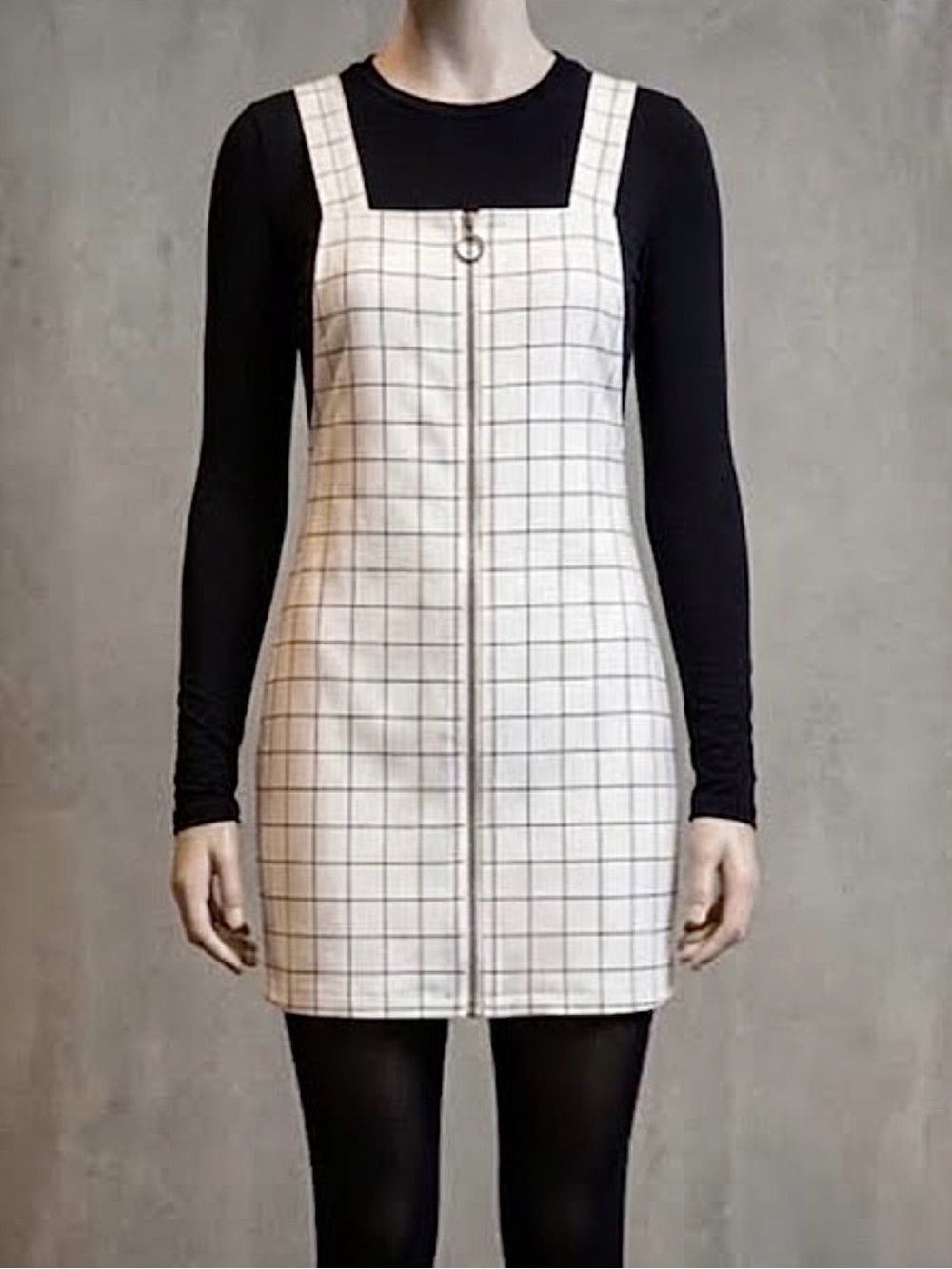 White Checkered Zip Front Overall Dress NWT